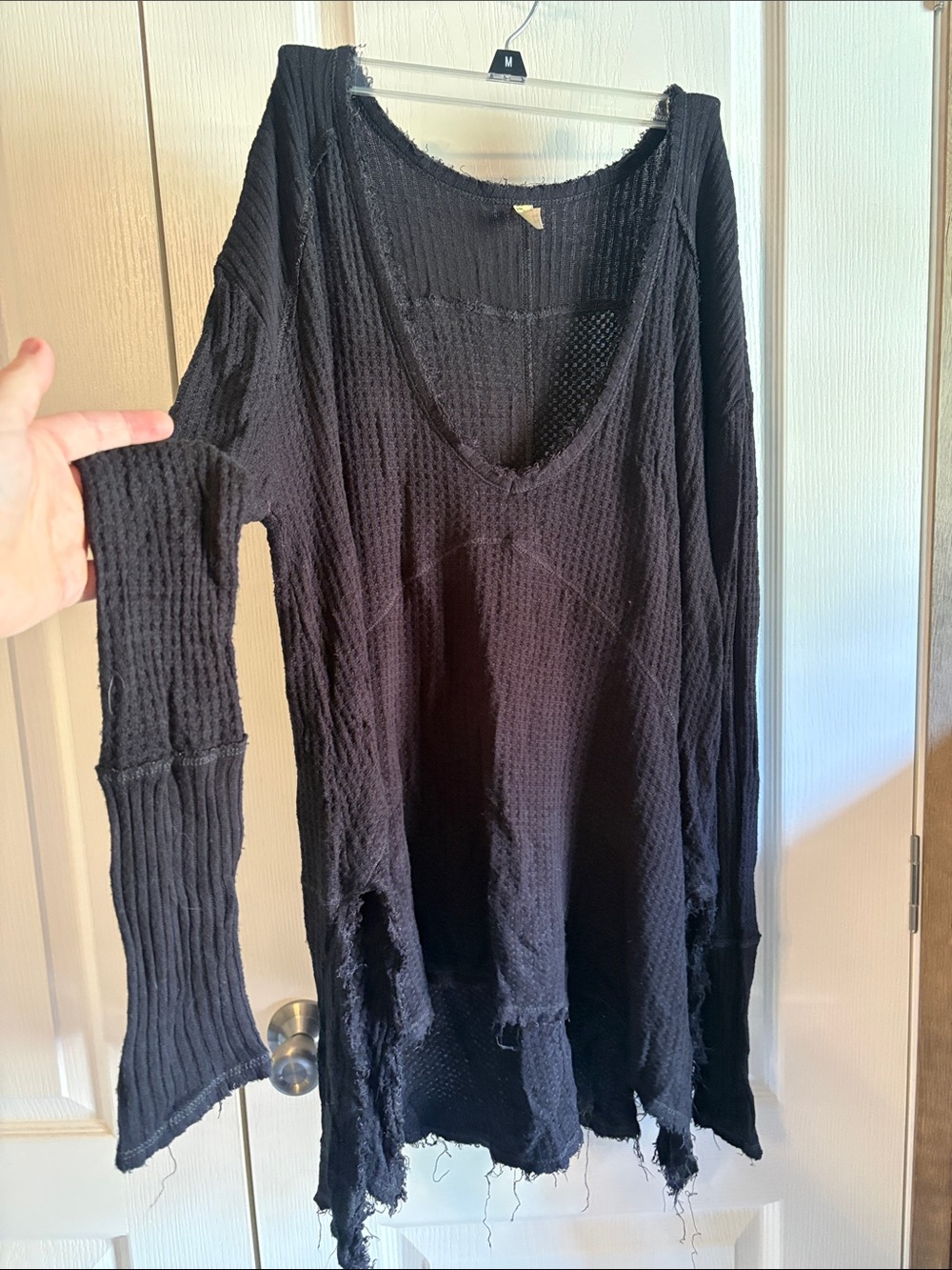 Free People Black Distressed Waffle-Knit Long Sleeve Top